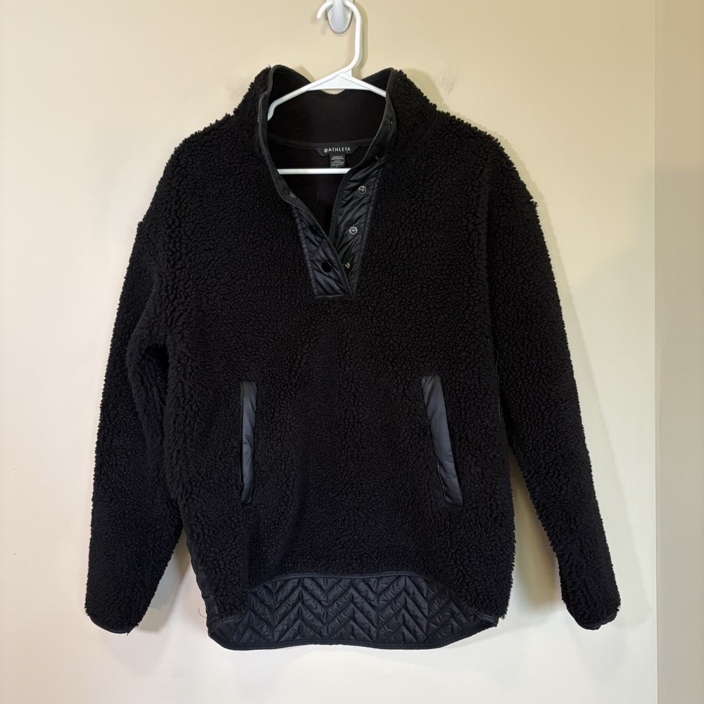 Athleta Cozy Sherpa Snap Jacket Sweatshirt Small Black